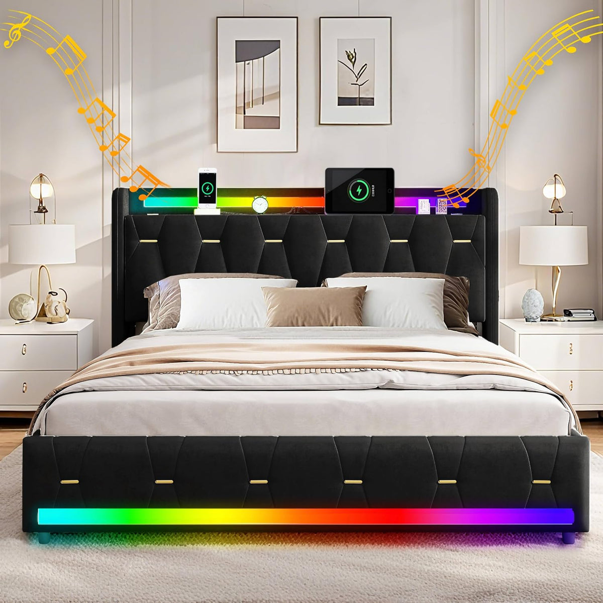 Łóżko tapicerowane, XMFFPM, 160 x 200 cm, Czarny, miejsce do przechowywania, 4 szuflad, oświetlenie LED, USB/Type-C, Bluetooth