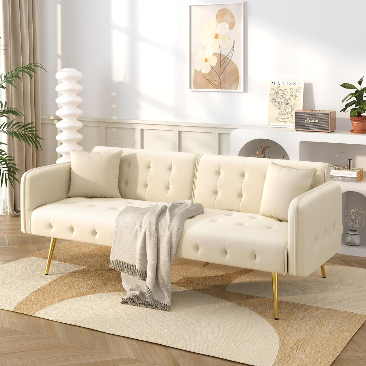 Sofa, Dolamaní, 215 x 81,5 cm, 2 W, Beżowy, aksamit, 2-osobowa, funkcja spania, regulowane oparcie, 2 w 1