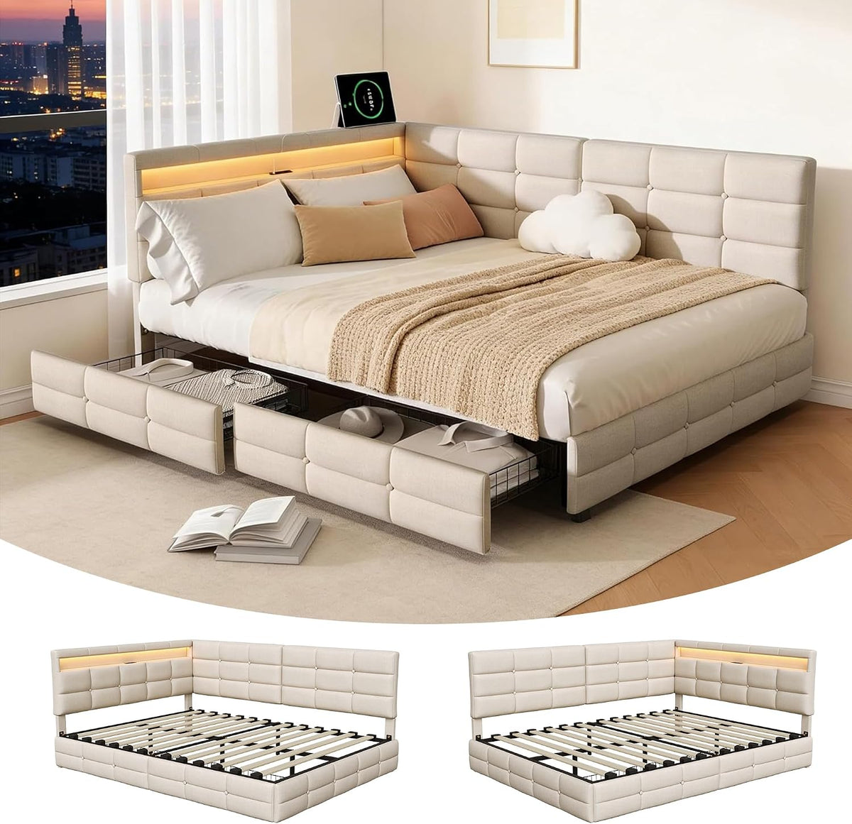 BRILVERDE, Sofa, 140 x 190 cm, Beżowy, oświetlenie LED, USB, pilot zdalnego sterowania
