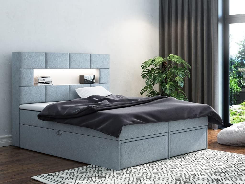 TRADA, Łóżko kontynentalne, 160 x 200 cm, 230 V, Niebieski/Szary, 2 szuflad, oświetlenie LED, USB