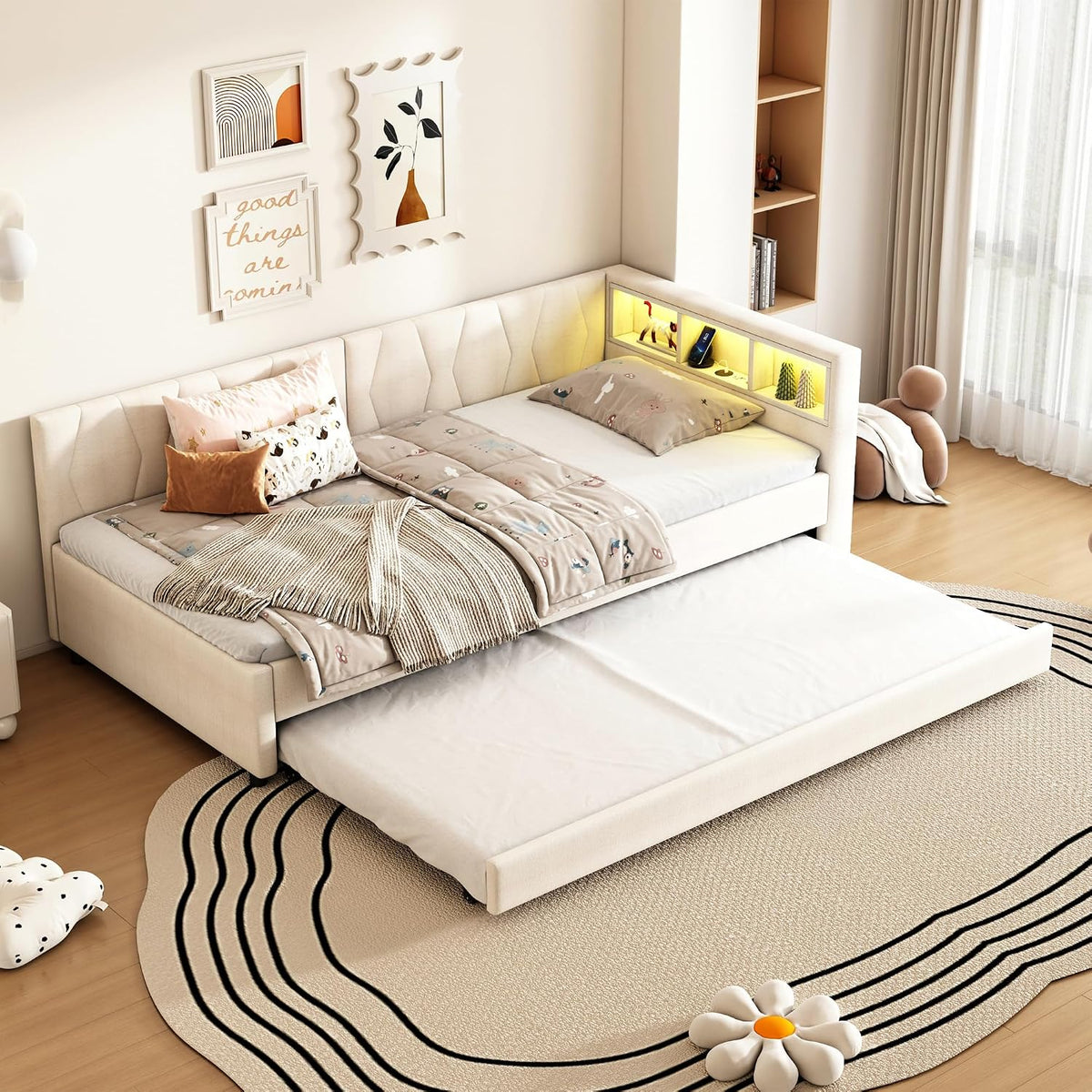 Łóżko tapicerowane, Dolamaní, 90 x 200 cm, Beżowy/Biały, MDF, oświetlenie LED, USB