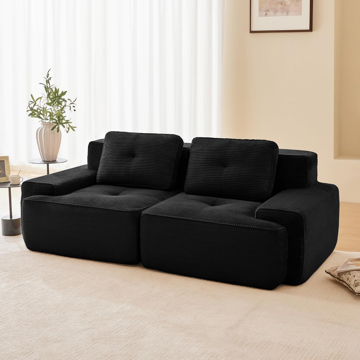 Sofa, Luscriate, 74 cm, Czarny, sztruks, 2-osobowa, funkcja spania, modułowa konstrukcja