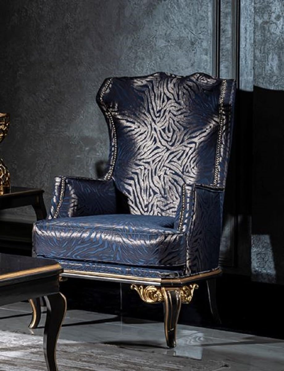 Fotel, Casa Padrino, 77 cm, Niebieski/Czarny/Złoty, lite drewno