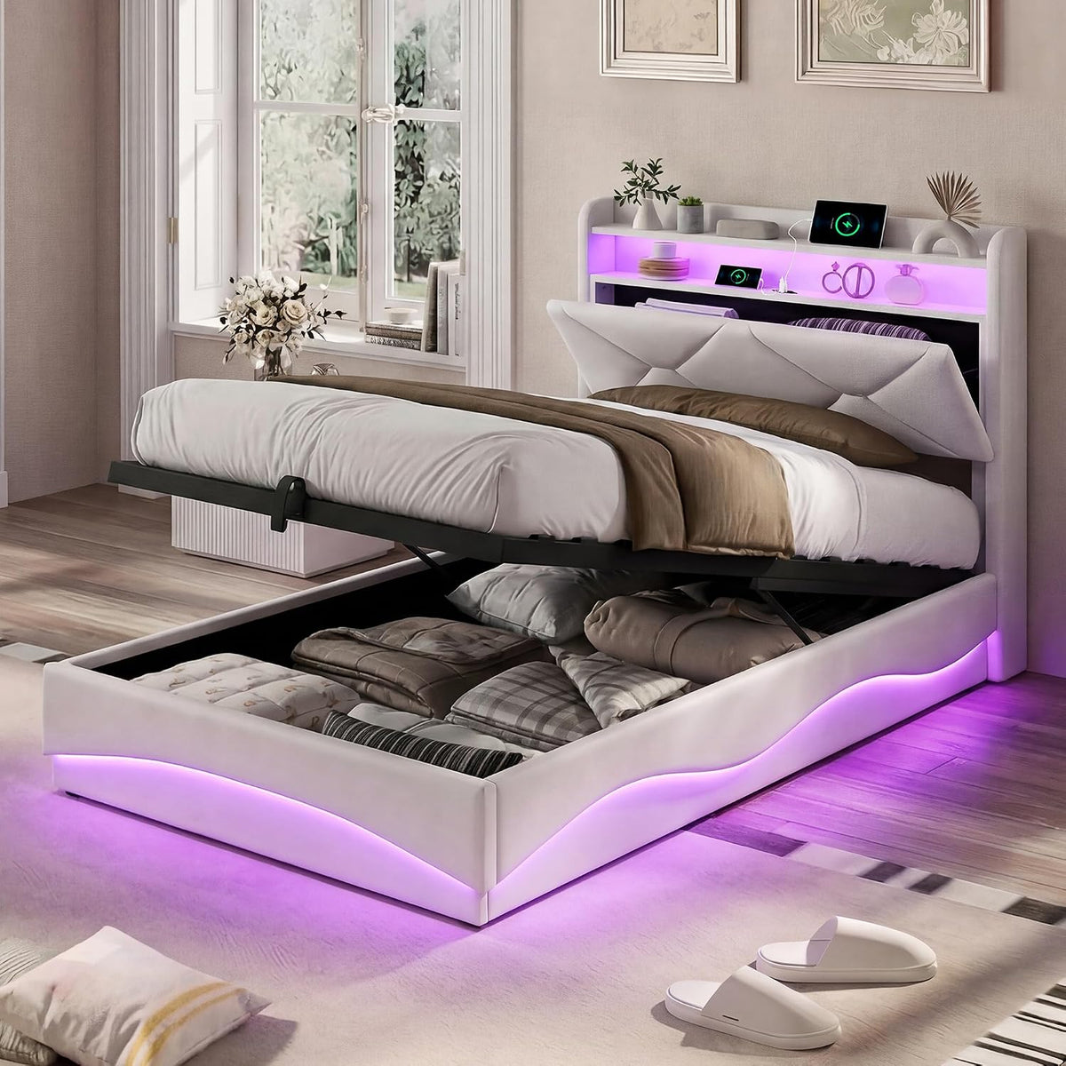 Łóżko tapicerowane, BPKADHY, 90 x 200 cm, Szary/Beżowy, aksamit, miejsce do przechowywania, oświetlenie LED, USB, pilot zdalnego sterowania