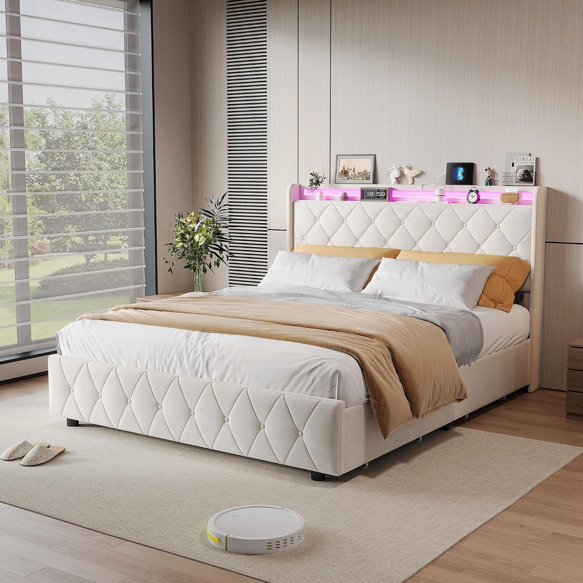 HOOGDLJ, Łóżko tapicerowane, 160 x 200 cm, Beżowy, MDF, 4 szuflad, oświetlenie LED, USB