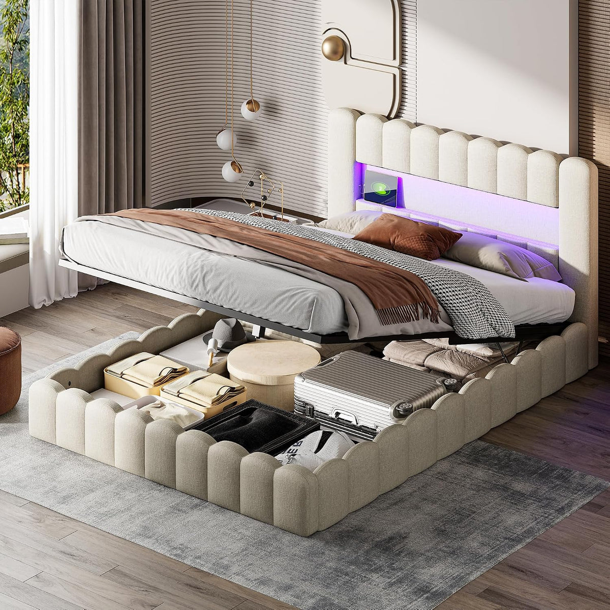 Łóżko tapicerowane, BSCFHCZ, 180 x 200 cm, Beżowy, miejsce do przechowywania, składana konstrukcja, oświetlenie LED, USB, pilot zdalnego sterowania