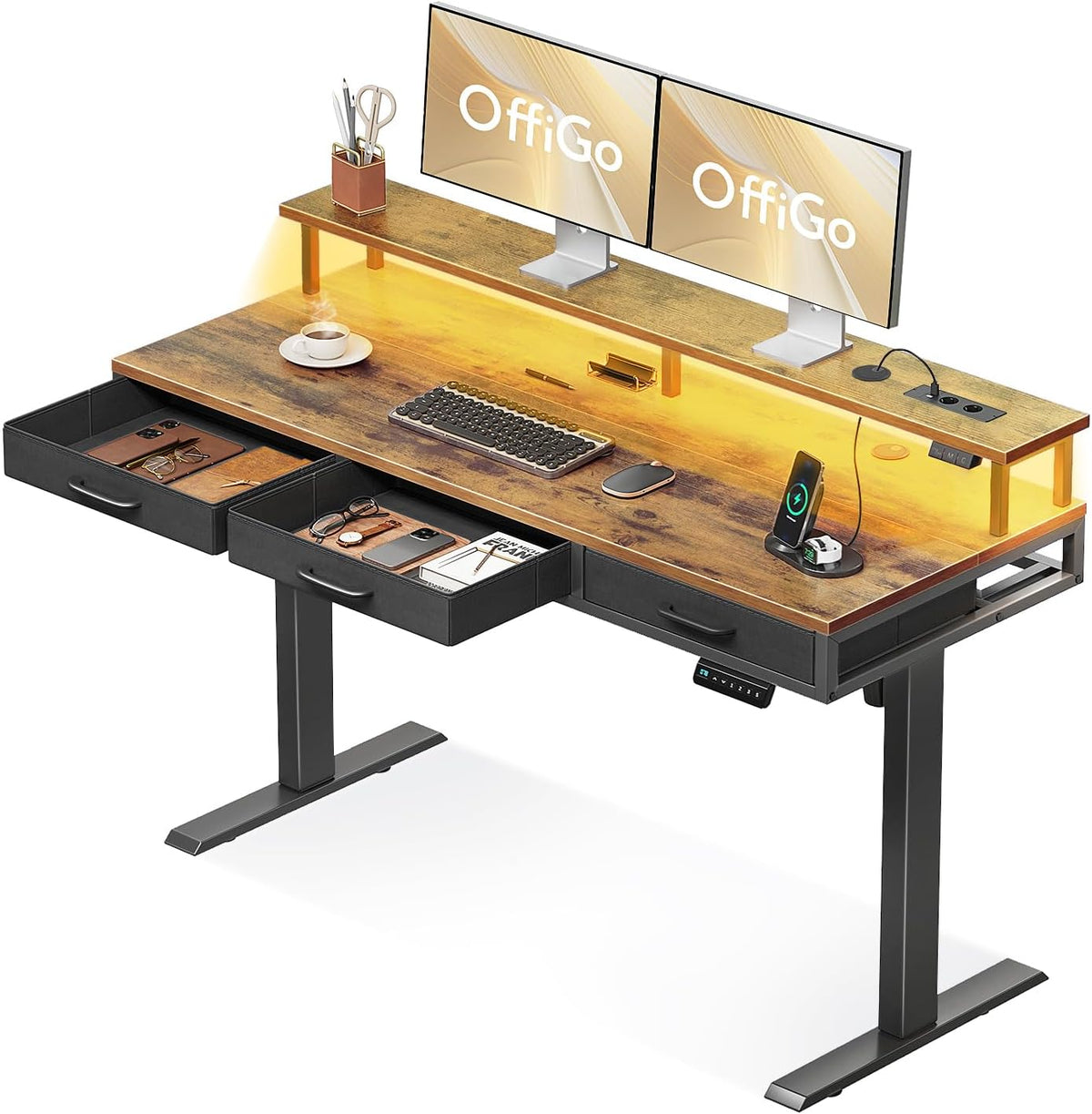 Biurko, OffiGo, 140 cm, Brązowy, metal, 3 szuflad, oświetlenie LED, USB