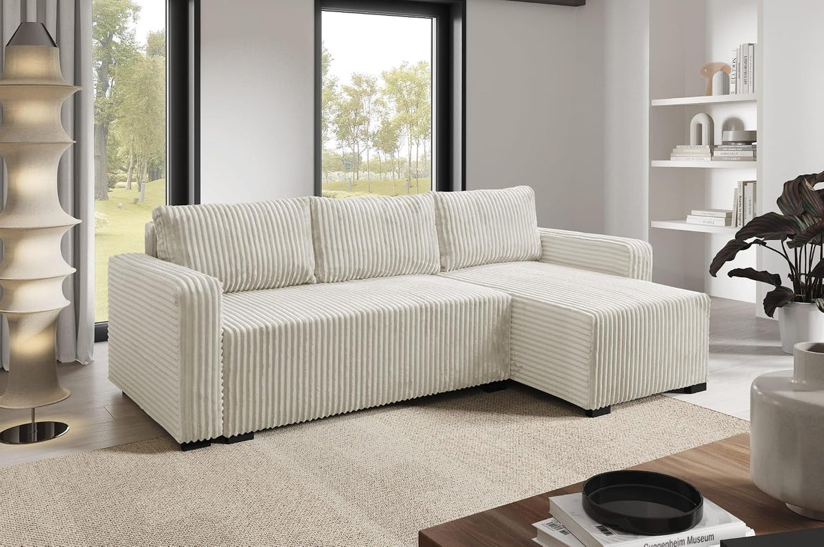 Sofa narożna, LIKMA, 232x96x145 cm, Beżowy, sztruks, funkcja spania
