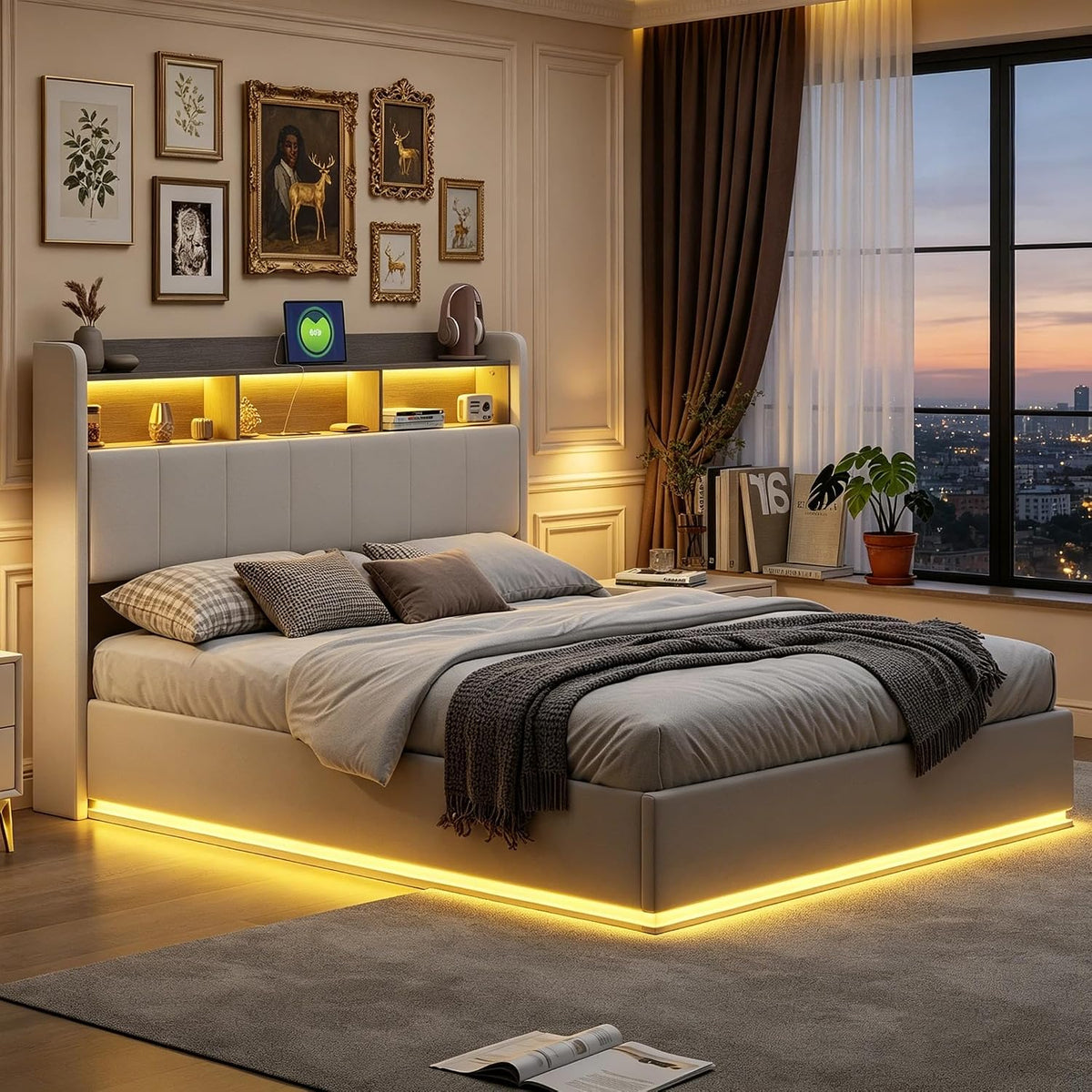 Łóżko tapicerowane, BRILVERDE, 140 x 200 cm, Beżowy, metal, oświetlenie LED, USB