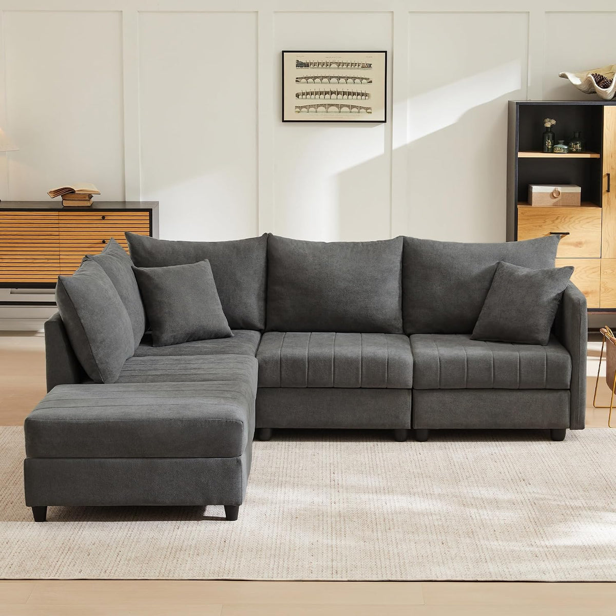 Goldicoo, Sofa narożna, 220 x 194 x 85 cm, Szary/Beżowy, 5-osobowa, modułowa konstrukcja