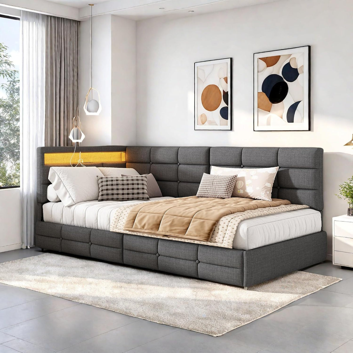 Łóżko tapicerowane, KeepGoon, 90 x 200 cm, Szary/Biały, lite drewno, 2 szuflad, oświetlenie LED, USB