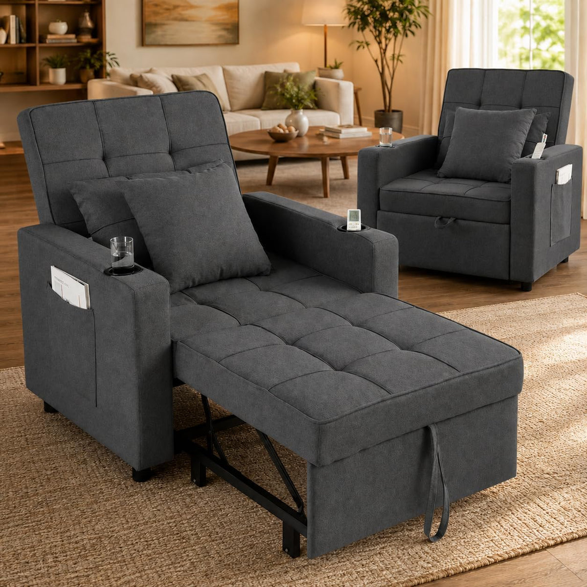 Sofa, Makika, 3 W, 150 kg, 90 x 75 x 95 cm, Szary, funkcja spania, regulowane oparcie, 3 w 1