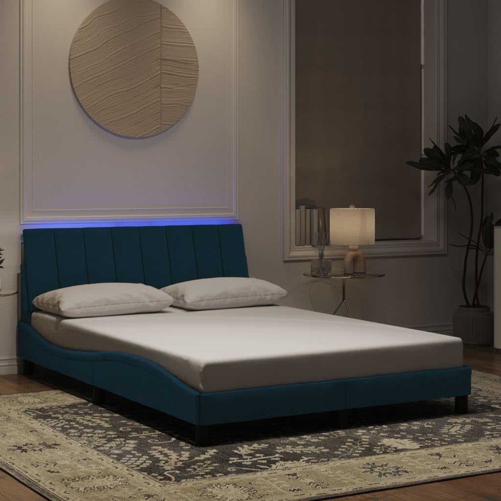 Rama łóżka, RMIHSJG, 140 x 200 cm, 5 V, Niebieski, lite drewno, oświetlenie LED, USB