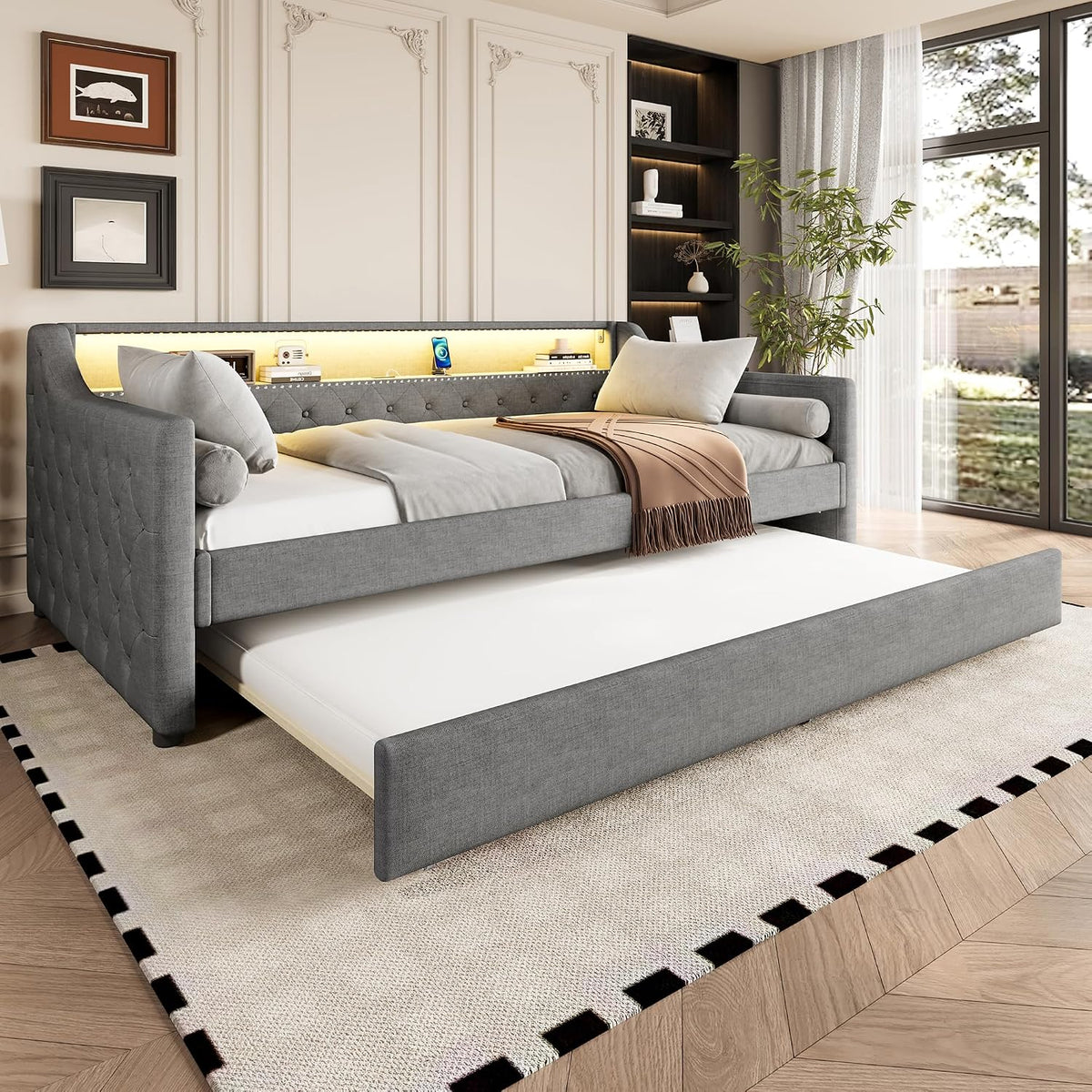Sofa, Generisch, 90 x 200 cm, Szary, MDF, funkcja spania, miejsce do przechowywania, oświetlenie LED, USB, timer