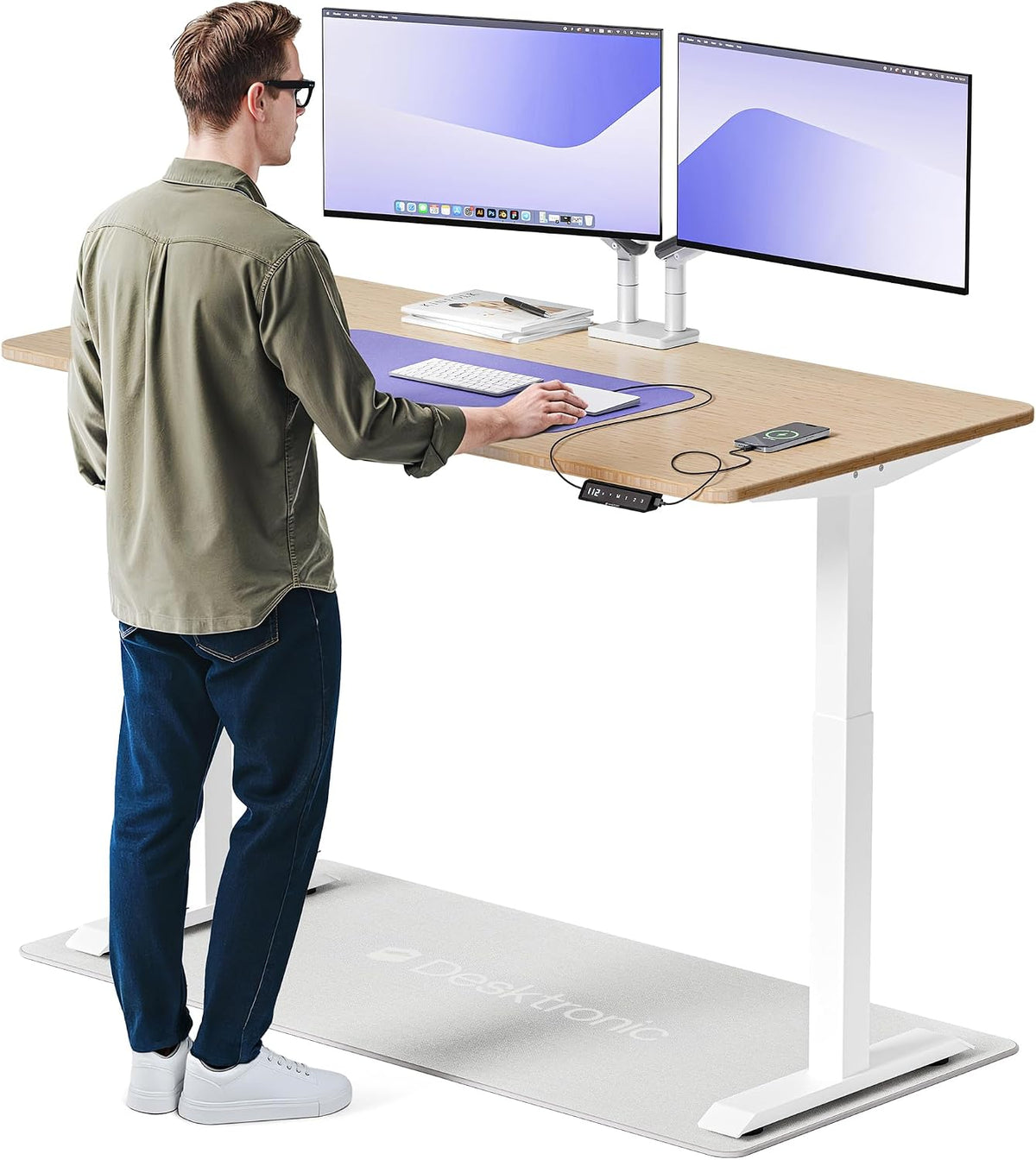 Biurko, Desktronic, 160 x 80 cm, Biały/Niebieski, metal, regulowana wysokość, USB