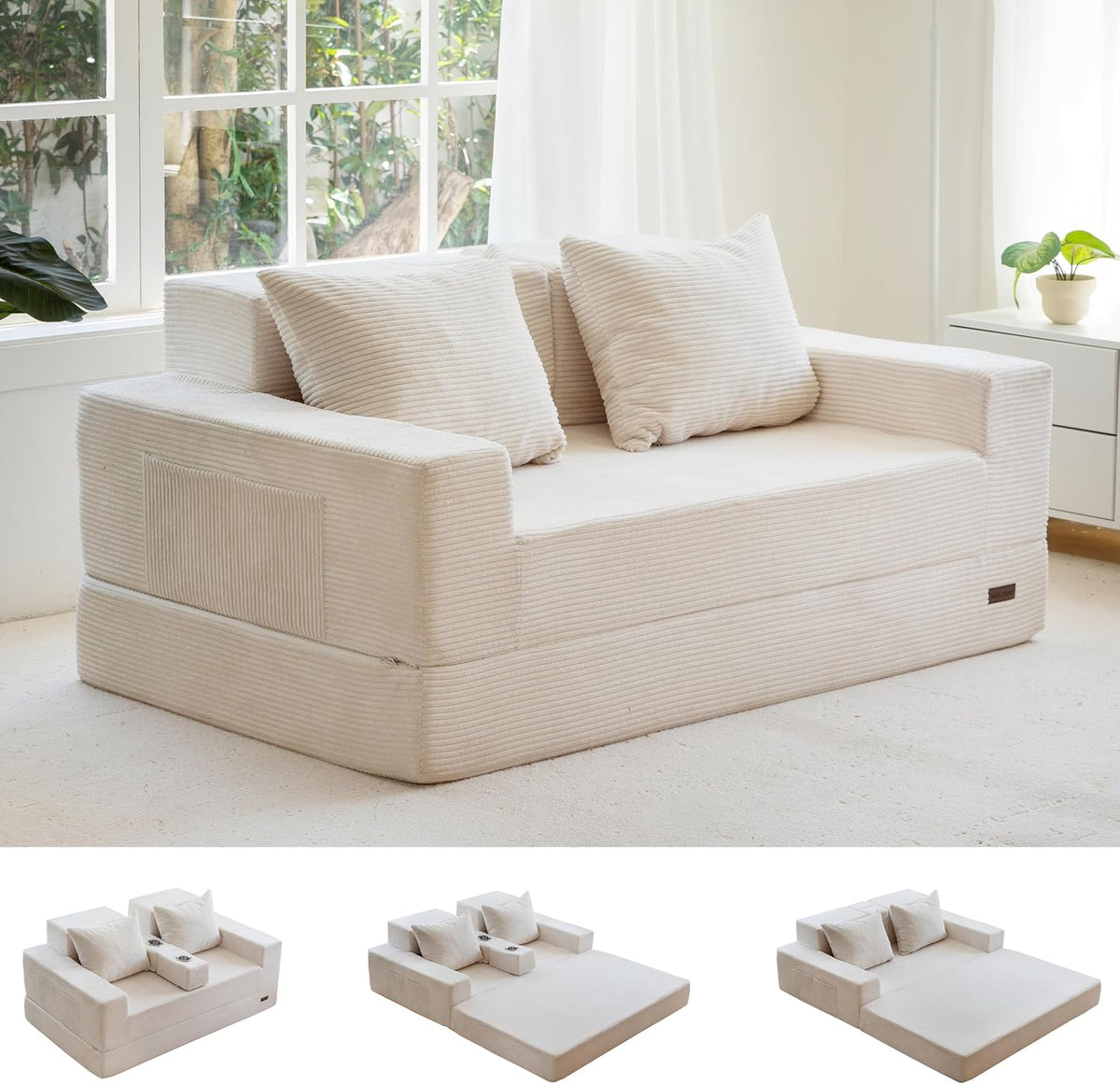 Sofa, MAXYOYO, Szary/Beżowy, sztruks, funkcja spania, składana konstrukcja