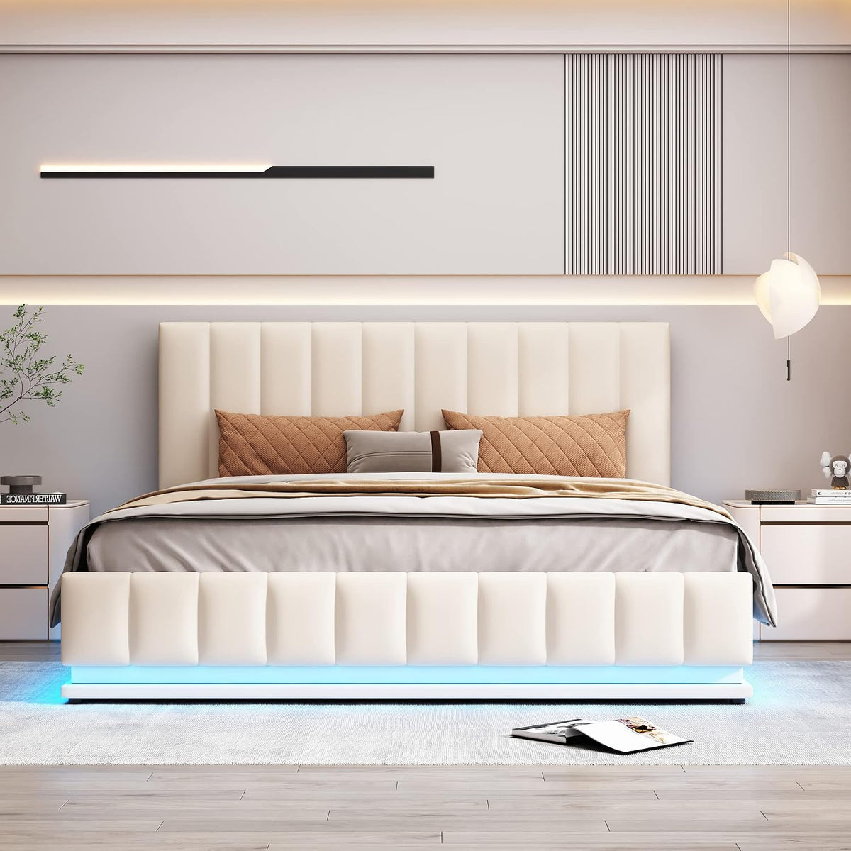ZYLOYAL10, Łóżko tapicerowane, 160 x 200 cm, Beżowy, MDF, oświetlenie LED, pilot zdalnego sterowania