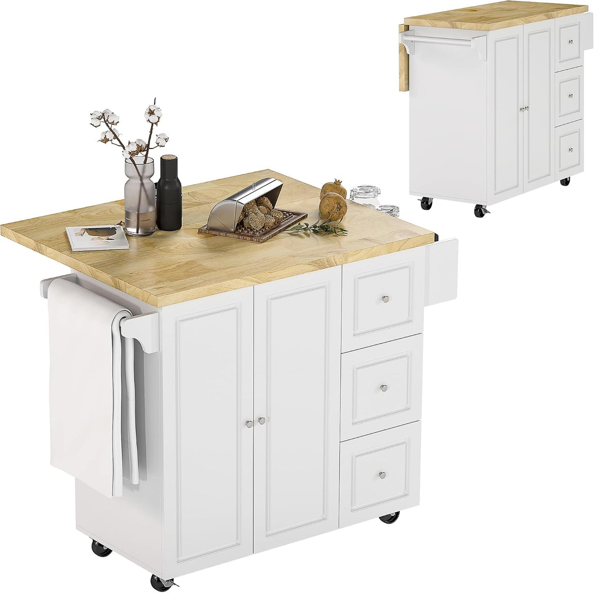 HOMCOM, Mobilne wyspy do przechowywania, 75 x 89 cm, 50 kg, Biały, MDF, 3 szuflad, składana konstrukcja