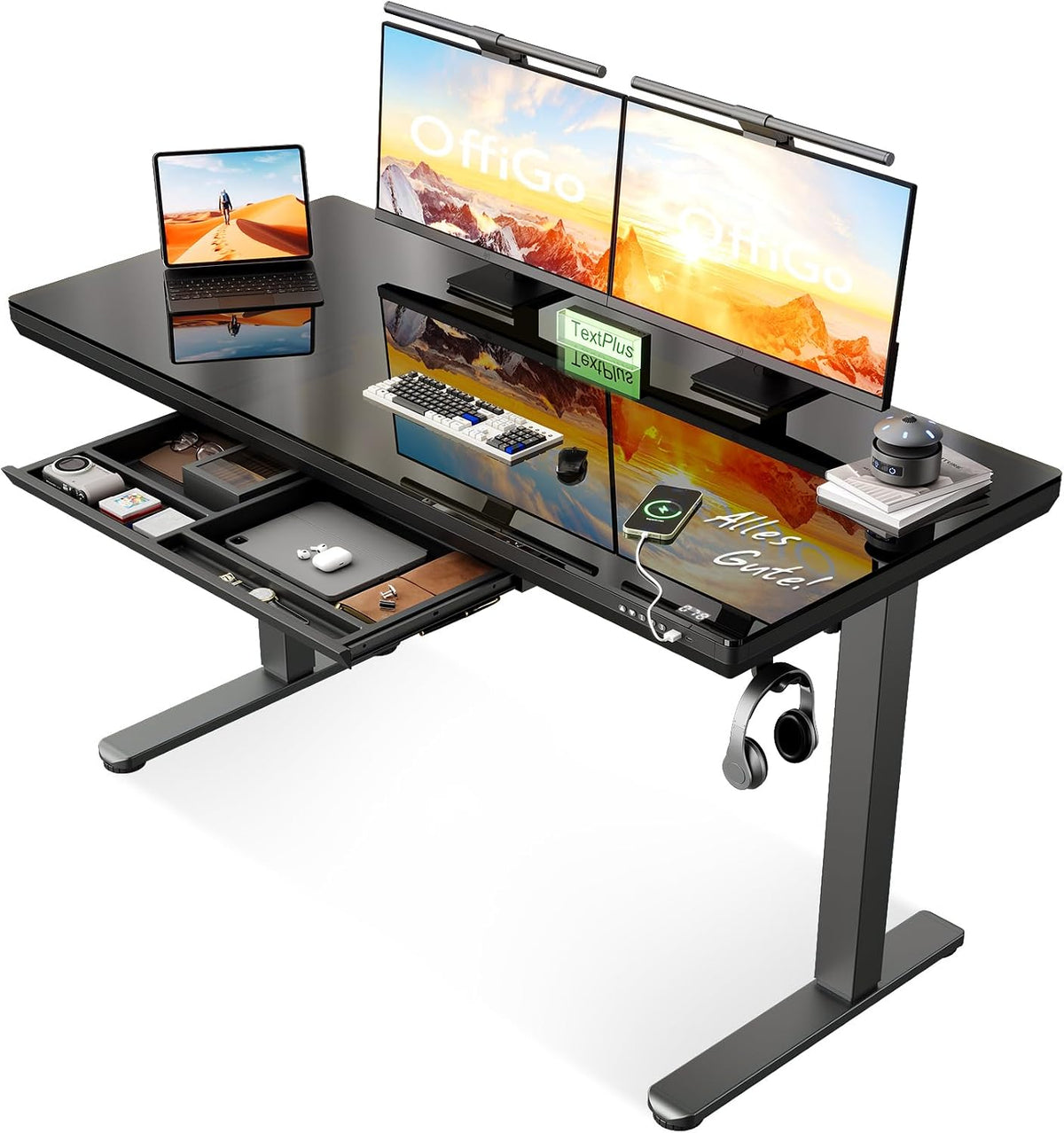 Biurko, OffiGo, 140 x 60 cm, 50 dB, 5 V, Czarny, oświetlenie LED, USB