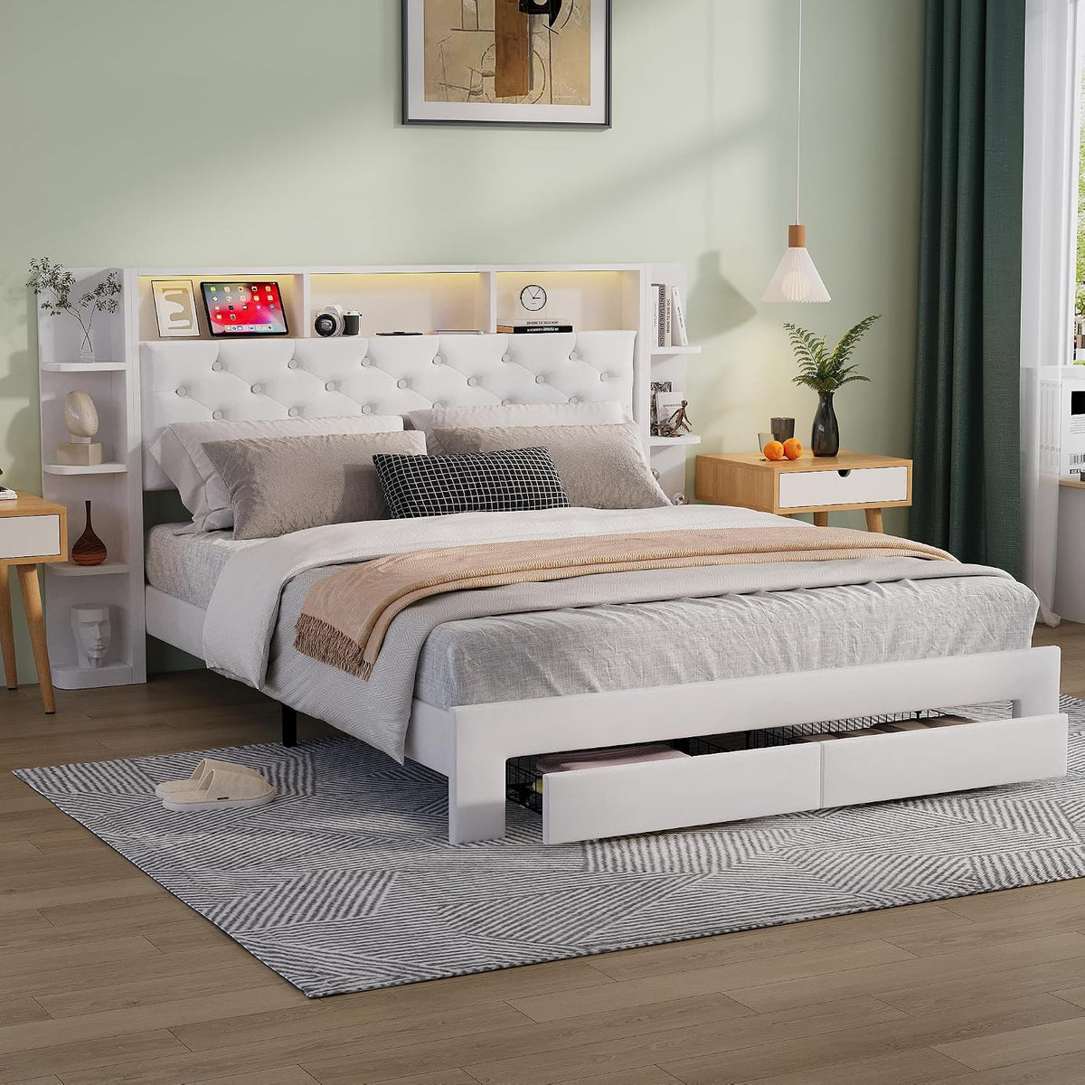 Łóżko tapicerowane, HYNHXBP, 160 x 200 cm, 5 V, Szary/Brązowy, lite drewno, miejsce do przechowywania, 2 szuflad, oświetlenie LED, USB