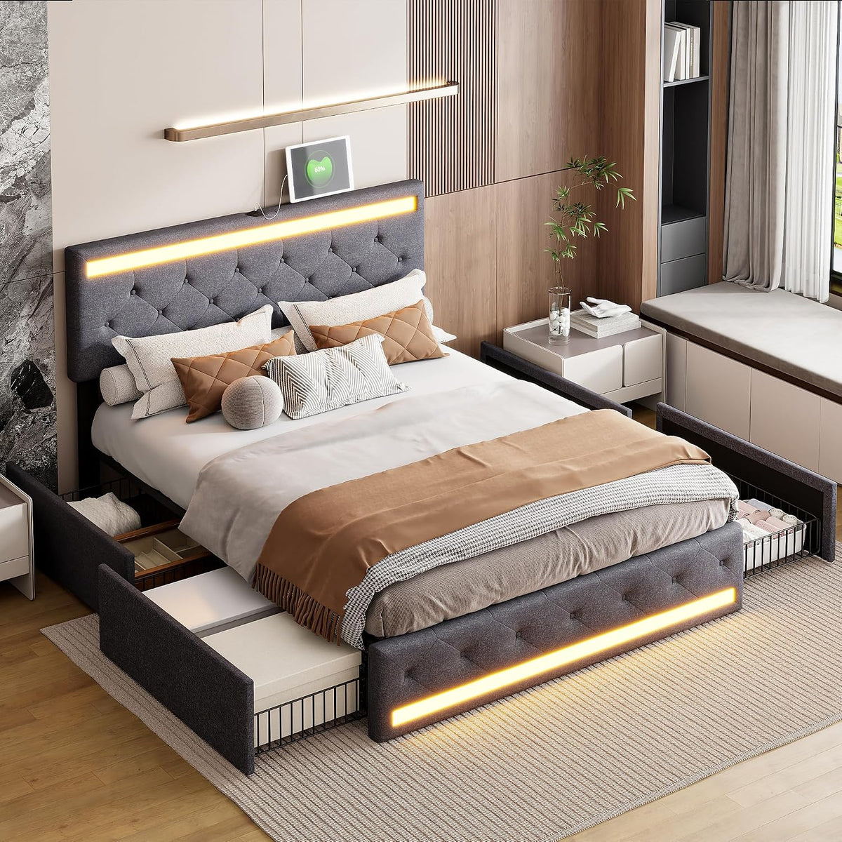Łóżko tapicerowane, QMTXBYJ, 180 x 200 cm, Beżowy/Brązowy, 4 szuflad, oświetlenie LED, USB
