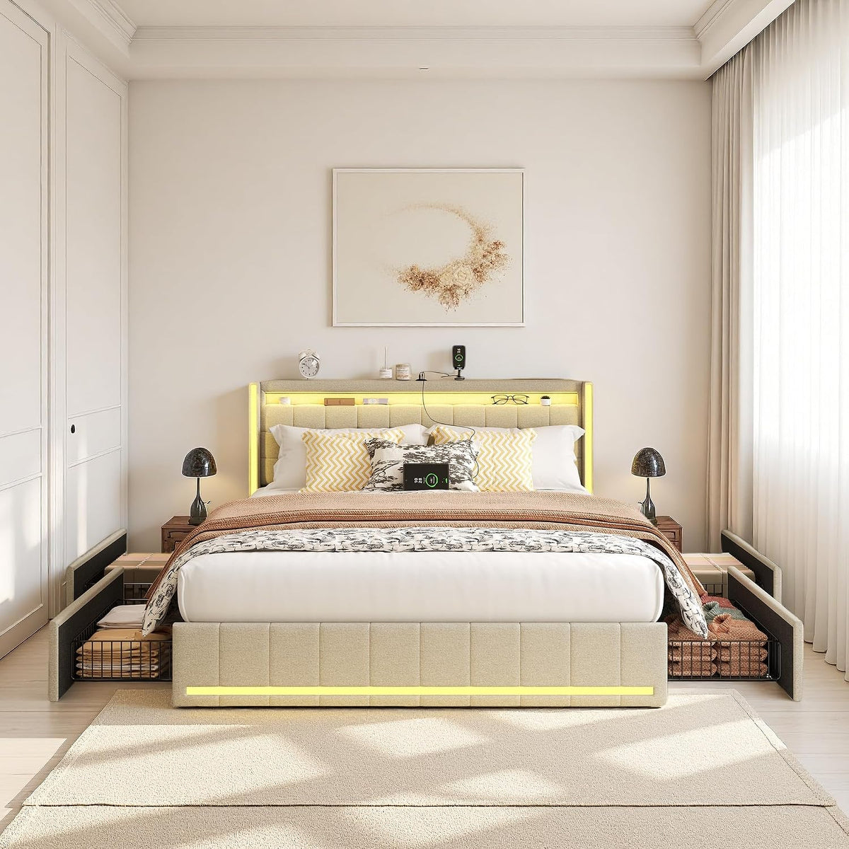 Łóżko tapicerowane, Zorvani, 180 x 200 cm, Beżowy, metal, 4 szuflad, oświetlenie LED, USB, timer